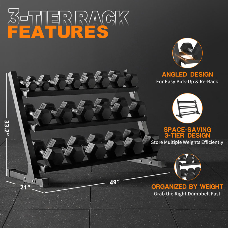 Mikolo Hex Rubber Dumbbell Set, Multiple Weights, Nonslip Handles And Storage Rack For Strength Training