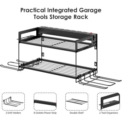 Garage Tool Storage  Organizer With Charging Station, Power Tool Battery Storage Rack With Power Outlet, 4 Wall-mounted Drill Holders.