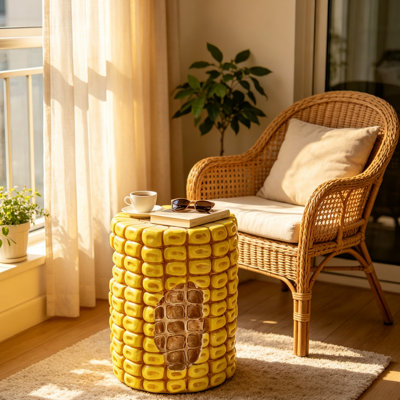 Side Table Corn Cob Shaped Novelty Accent Stand, Resin Vegetable-Themed End Table with Detailed Kernels, Whimsical Plant Stand & Farmhouse Decor for Living Room, Patio, Garden & Kids Room