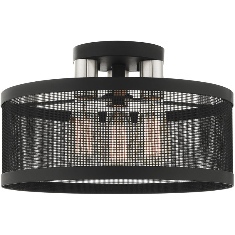 3 Light Semi Flush mount ceiling light fixture with Stainless Mesh Shade, Black/Brushed Nickel