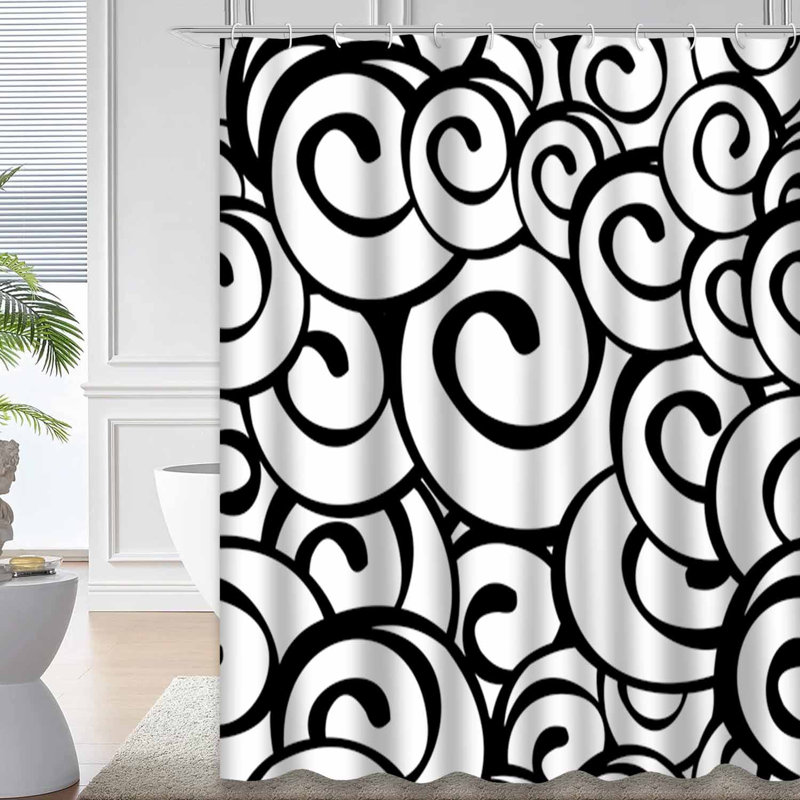 Rideau de douche abstrait à spirale noir et blanc abstrait avec 12 crochets, L 72 po x l 84 po