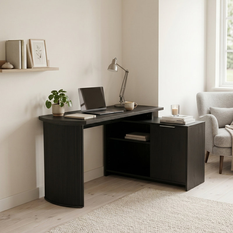 L-Shaped Credenza Desk, Black Oak