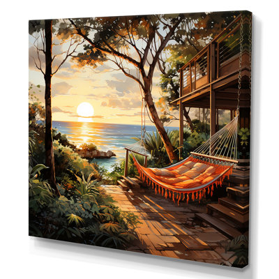 Coucher de soleil hamac près de la plage III - art mural côtier tropical
