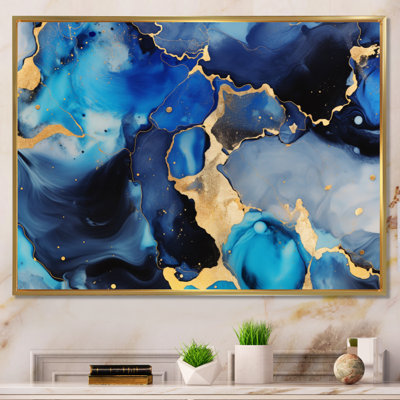 Bleu et or, art abstrait fluide de luxe V - fractales, art mural