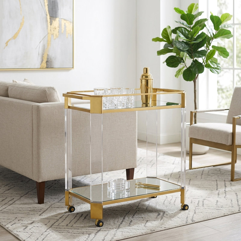 Modern Acrylic Rolling Bar Cart for Dining and Living Room - Glam Decorative Wine Station for Kitchen Beverage Serving - 32", Clear & Gold