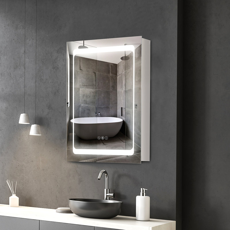 Armoire à pharmacie à DEL avec miroir, organisateur de salle de bain mural à brancher avec 3 tablettes de rangement