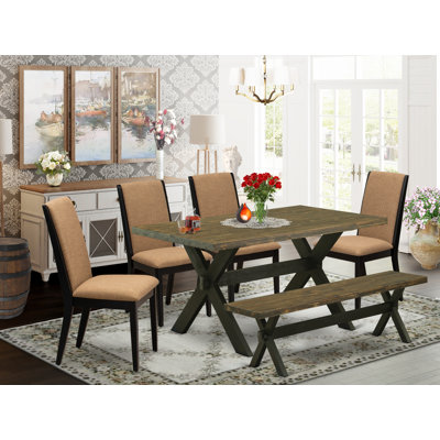L'ensemble de table de salle à manger 6 pièces contient une table rectangulaire en bois avec des pieds en X et 4 chaises Parson en tissu de lin sable clair avec un banc, noir brossé