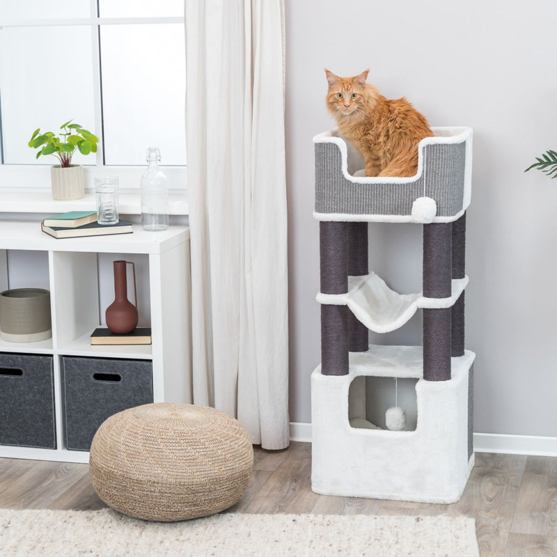 TRIXIE Lucano 43.3" XXL Cat Tree - Sisal Scratching Posts, Plush Covered House, Cat Beds, Platforms, Two Hanging Toys