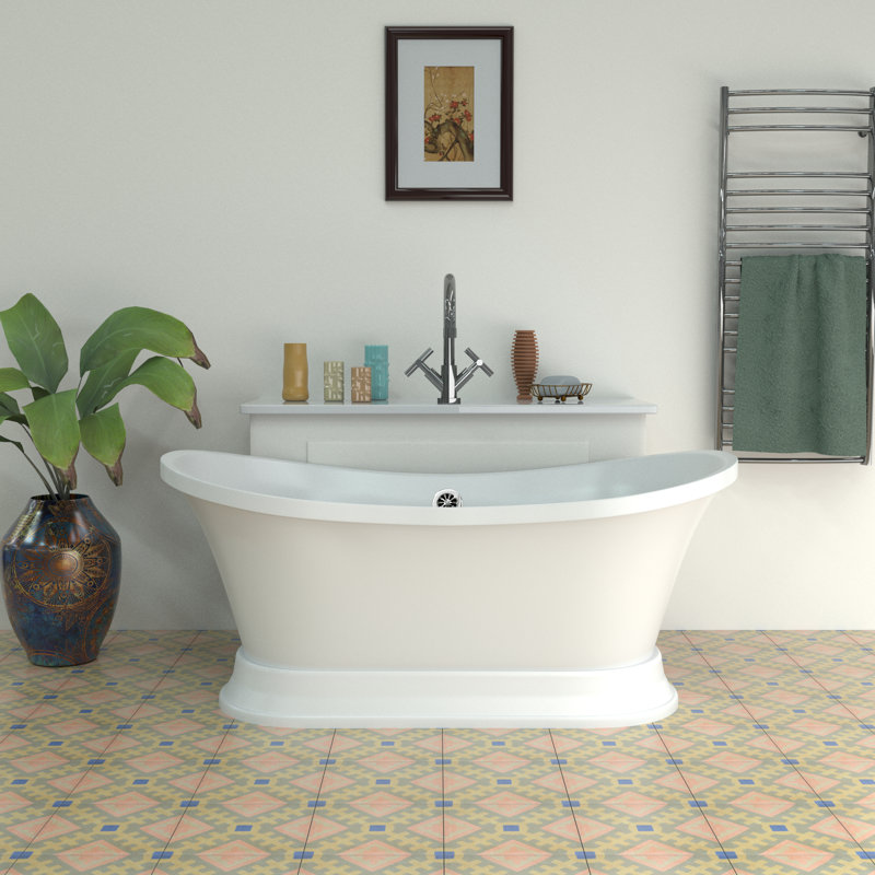 60" Streamline Freestanding Soaking Acrylic Bathtub With Drain and Bamboo Tray, Polished Chrome