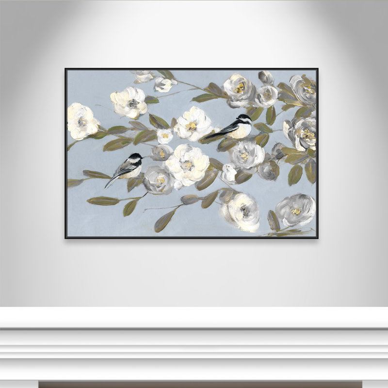 Chickadees And Blossoms I - Toile à cadre flottant, Cadre noir, H 41,5 po x l 61,5 po x P 2 po
