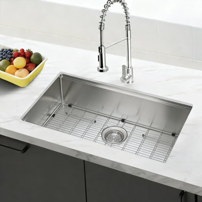 Évier de cuisine encastrable 30 po - Acier inoxydable de calibre 11 (3 mm), simple cuve avec rebord intégré avec grille de fond d'évier, conception de drain supérieure