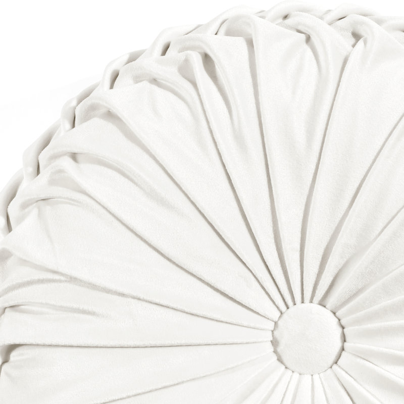 White Round Pleated Velvet Decorative Throw Pillow, 15 Inch
