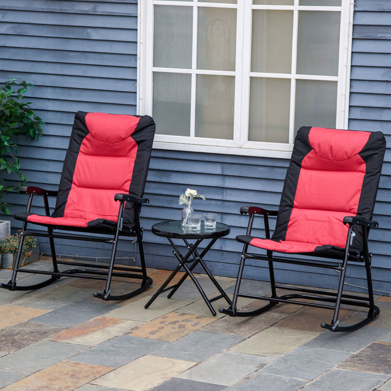 Mobilier d'extérieur en rouge - 2 chaises berçantes pliantes et table basse en verre Quick