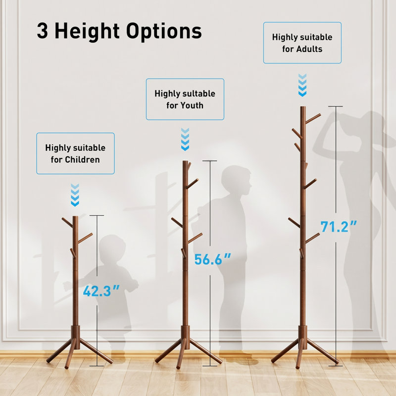 Adosinda 8 - Hook Freestanding Adjustable Solid Wood Coat Rack for Bedroom, Closet, Entrance, Brown
