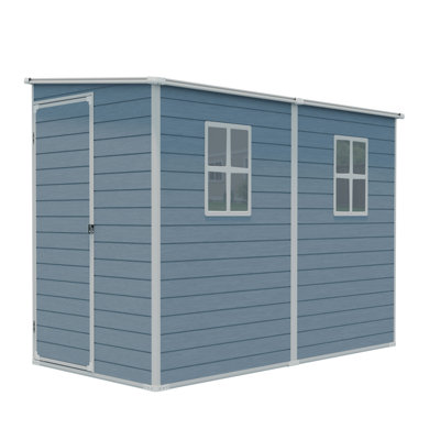 Abri de jardin 120 x 240 cm en résine grise, avec plancher, deux fenêtres, portes étanches et verrouillables, base stable, toit en pente. Parfait pour une terrasse, un jardin ou une pelouse.