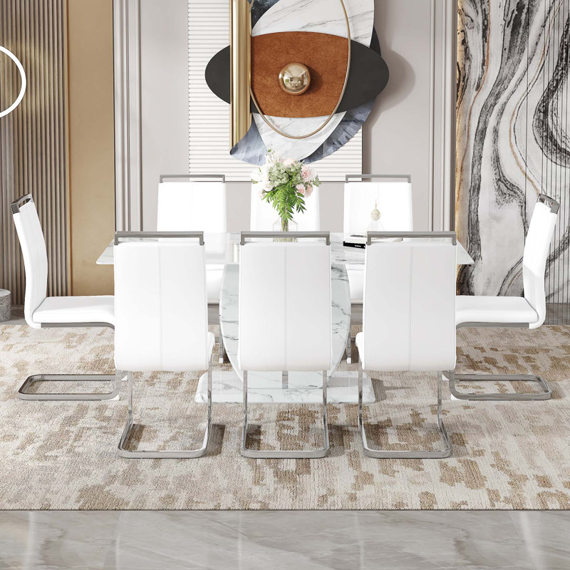Ensemble de table et de chaises Motif marbré simple moderne, 9, Blanc, Blanc / argenté