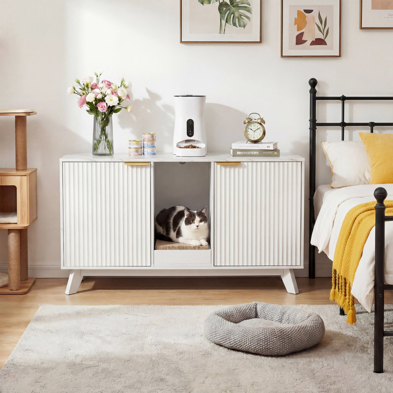 Enceinte de litière pour chat 47 "avec bac à litière intégré, griffoir pour chat, meubles cachés pour litière, table d'appoint, table de bout pour le salon et la chambre à coucher