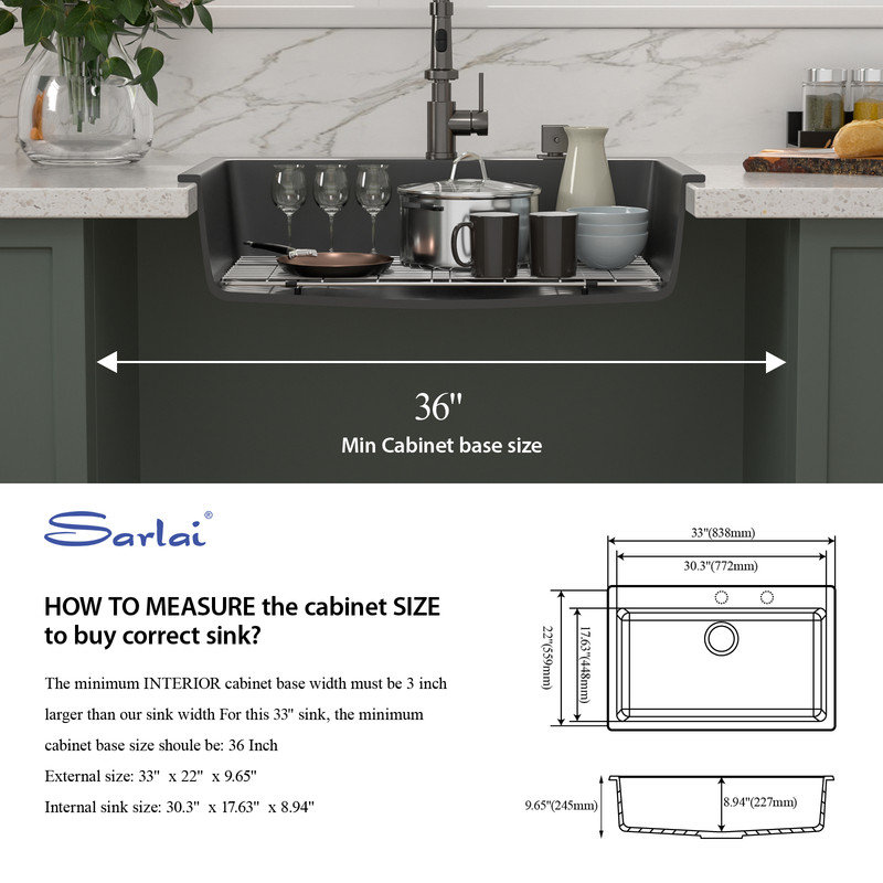 33" L x 22" W Granite Composite Drop-In Kitchen Sink Single Bowl Quartz Kitchen Sink with Sink Grid, Black