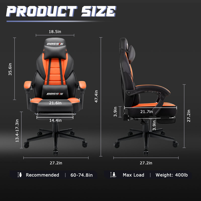 Chaises de jeu BOSIN avec repose-pieds, chaises de jeu d'ordinateur ergonomiques avec support lombaire, Orange / noir