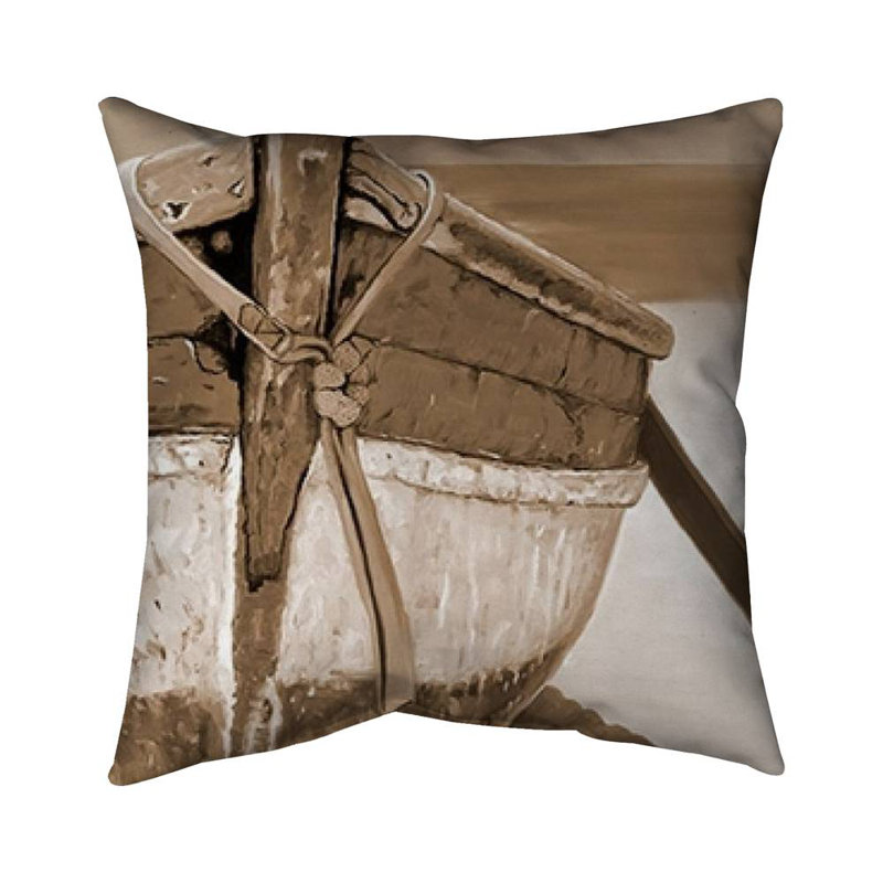 Tied up rowing boat - 16"x16" Throw pillow cover - Poly twill - Print on demand, Brown