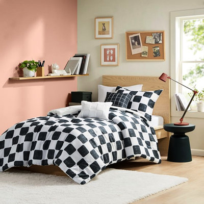 Édredon simple / simple TG en microfibre à carreaux, résistant à la peau, 1 édredon, taie décorative, 2 coussins décoratifs rembourrés, étiqueté, lavable à la machine, coussins, style moderne