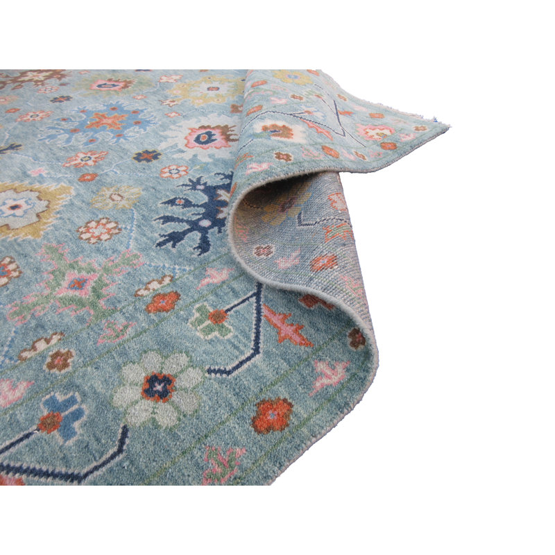 Tapis bleu clair en laine noué à la main 8 x 10 Oushak