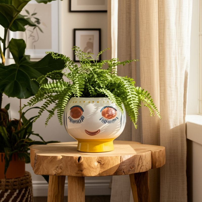 Stoneware Ceramic Planter with Decorative Face Design and Elevated Base for Modern Contemporary Decor, 6" H x 7" W x 7" D