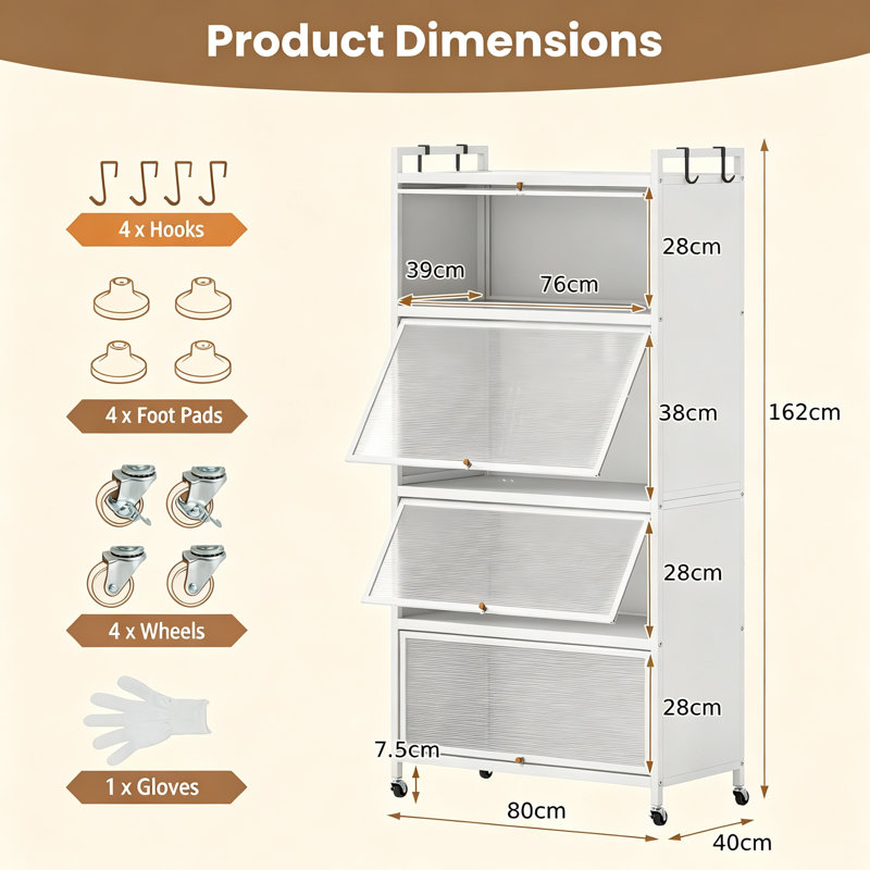 Kitchen Storage Cabinet with Transparent Folding Doors, Four Shelves, Hooks and Castors, Freestanding Metal Pantry Cupboard with Adjustable Feet and Anti Tip Devices, White