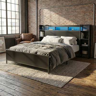 Full Size Metal Platform Bed Frame with Storage Headboard