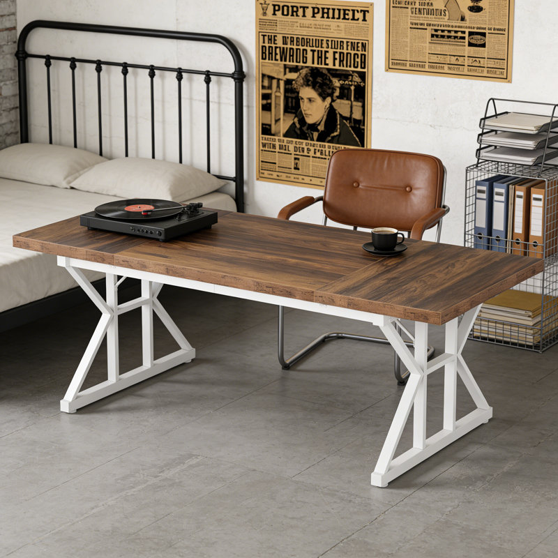 Bureau d'ordinateur rectangulaire avec plateau en bois brun et base en métal blanc pour bureau à domicile, Brun / Blanc