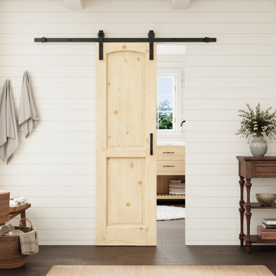24"x80" 2-Panel Arch Top Pine Wood Interior Slab Door With Black Barn Door Hardware Kit Suitbale For Living Room, Pantry