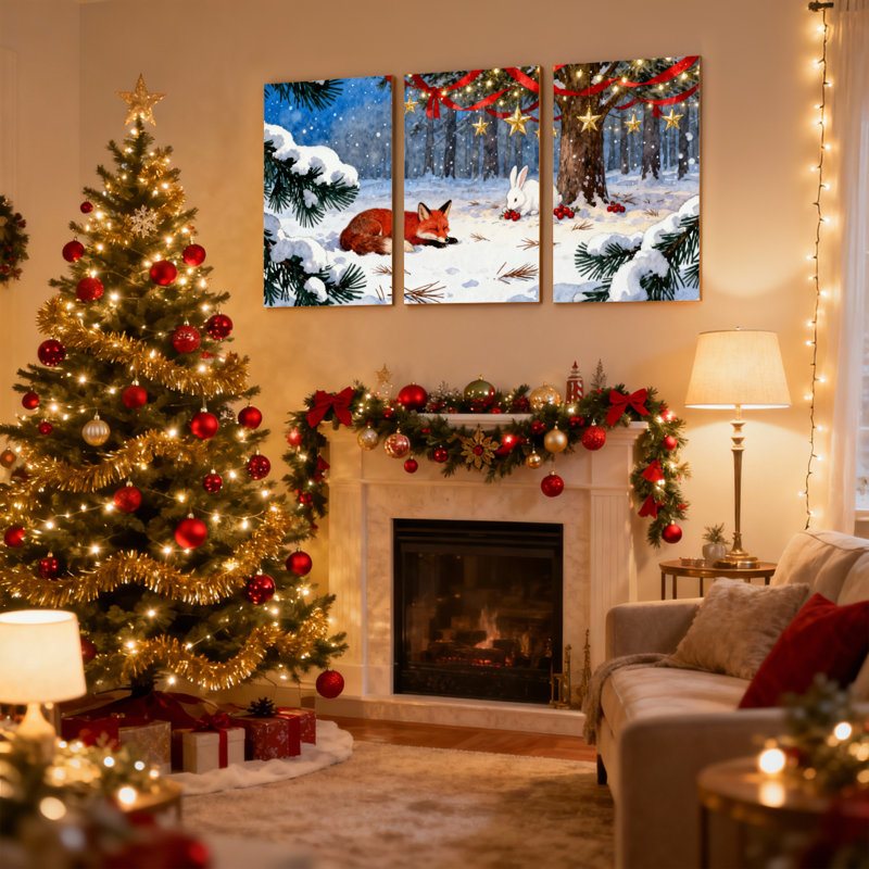 Ensemble de 3 impressions sur toile de Noël, hiver, forêt, renard, lapin, neige, étoiles, arbres, lumières
