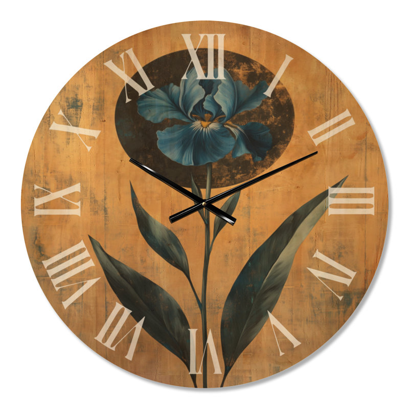 Regal Blue Iris I - Horloge murale surdimensionnée glamour, imprimée sur bois, Medium