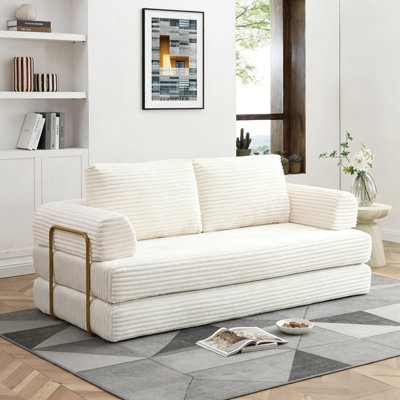 Canapé-lit convertible 79,5 po en velours côtelé beige avec coussins, sans assemblage