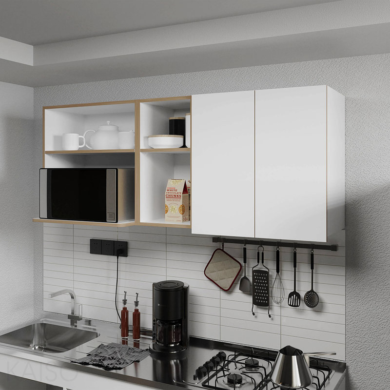 Armoire de cuisine avec espace pour micro-ondes et tablette ouverte