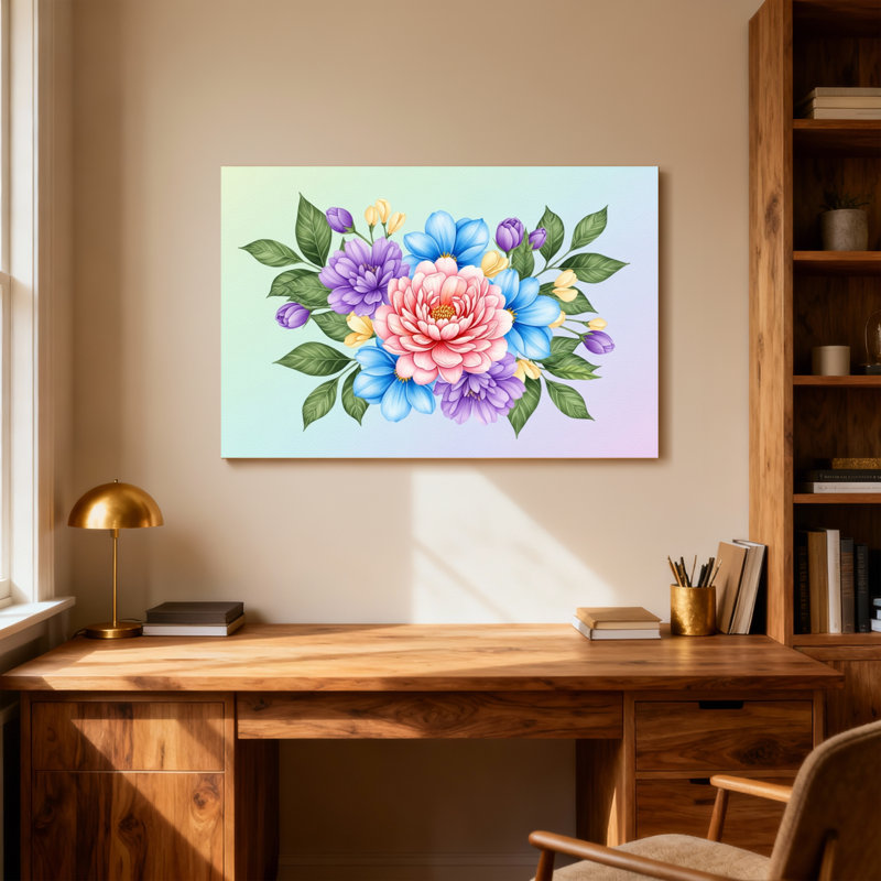Arrangement floral de plantes et de fleurs avec des fleurs roses, bleues et mauves, H 12 po x l 18 po