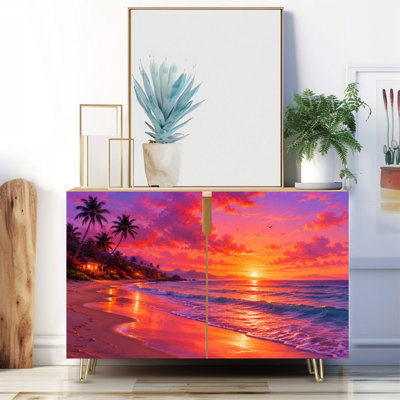 Buffet étroit de 35,4 po de largeur - armoire de rangement décorative à 2 portes avec palmiers tropicaux, imprimé de reflets colorés et pieds en métal