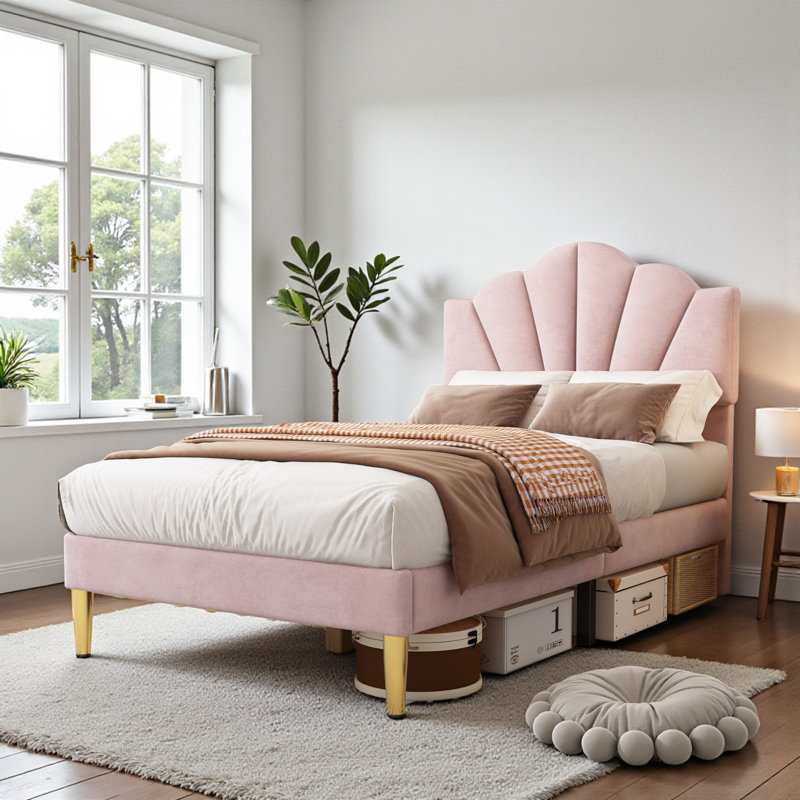 Aarna Velvet Upholstered Bed, Pink, Single (95 x 195 cm)