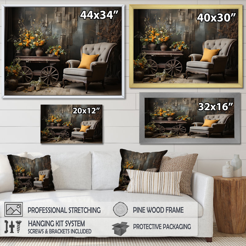 «Country Charm Rustic Serenity», reproduction d'art sur toile, H 34 po x l 44 po x P 1,5 po, Cadre flottant noir