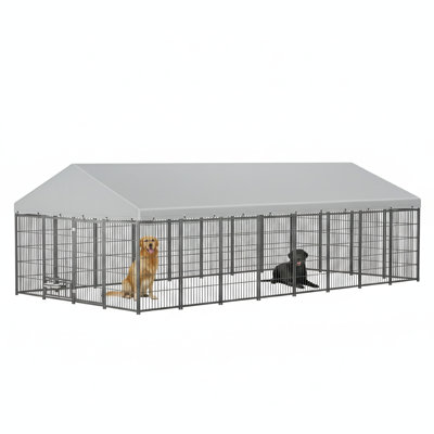 Enceinte canine spacieuse pour l'extérieur, aire de confinement pour chiens, enclos pour enclos, clôture en métal avec couvercle supérieur. Dimensions: 18,9 pieds de long x 9,61 pieds de large x 6,23 pieds de haut.