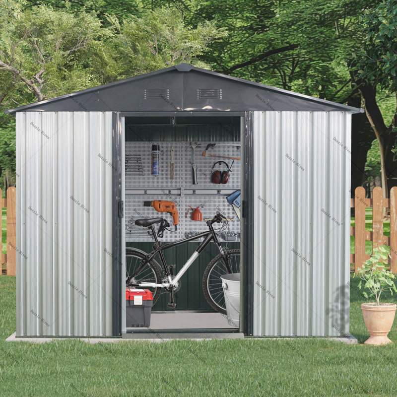 Outdoor Metal Storage Shed with Window and Metal Foundation for Backyard, Patio, Lawn, White/Black