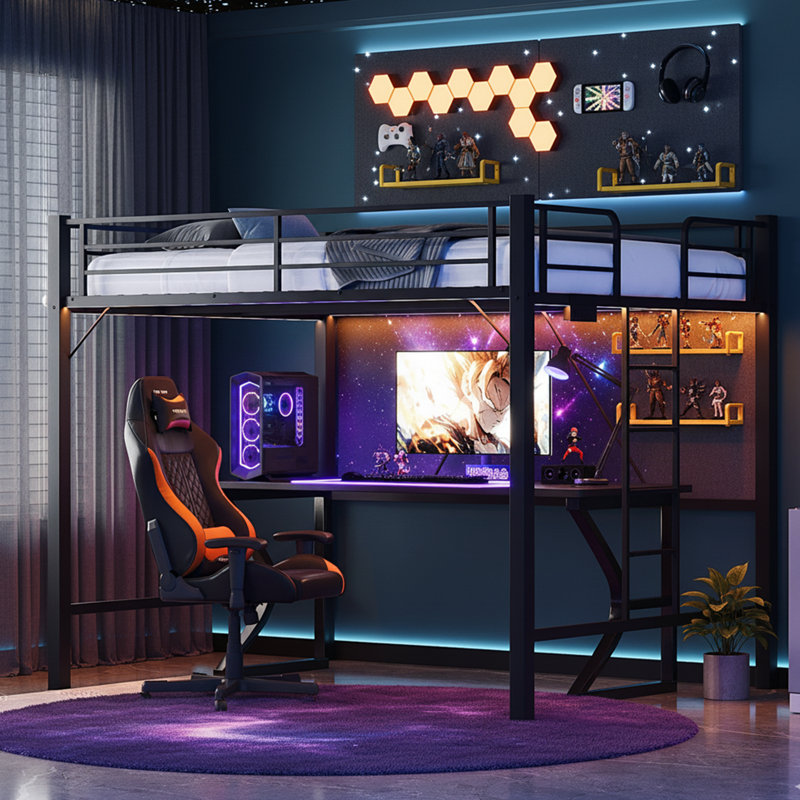 Black Queen Metal Loft Bed With LED Lights,Charging Station,Safety Guardrail And Ladder