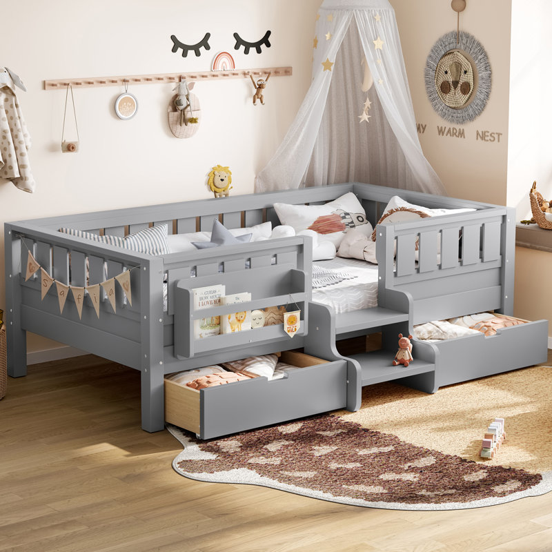 Lit de jour simple avec 2 tiroirs et garde-corps double, Gris