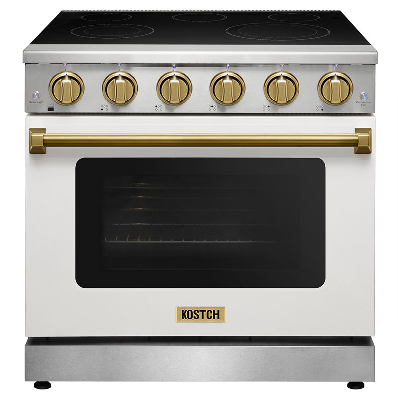 Plaque de cuisson électrique professionnelle de 36 po avec 5 éléments chauffants, capacité de 6 pi³ de la cuisinière Kostch, surface de cuisson en verre lisse blanc avec détails bronze