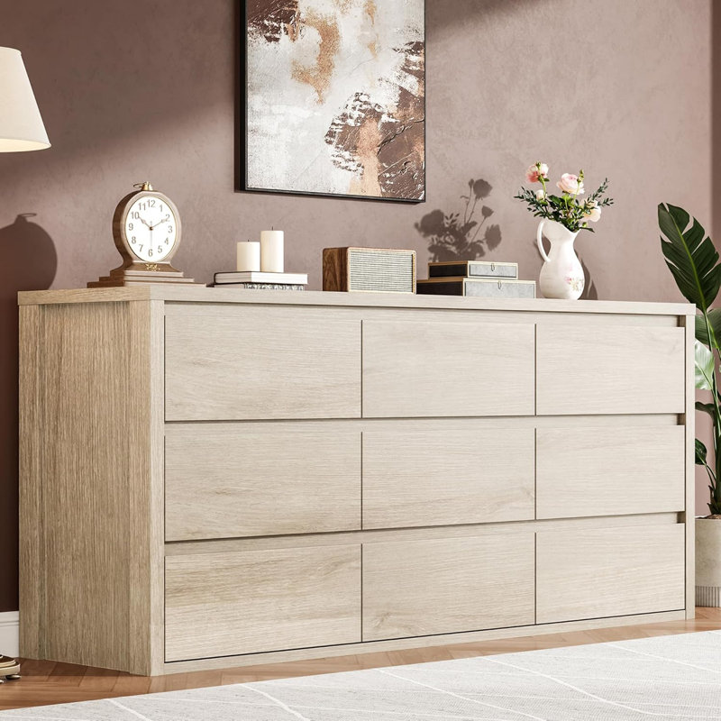 Rustic Farmhouse 9 Dresser for Bedroom, Wooden Drawer Dresser, Handle-Free Storage Cabinet with Drawers, Yellow