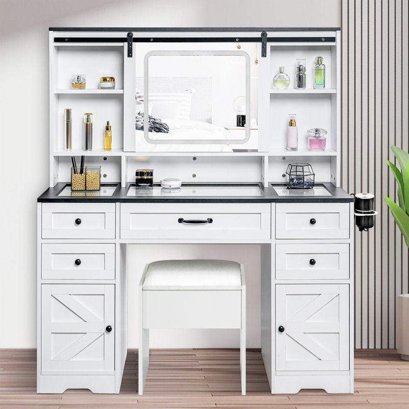 Meuble-lavabo de 47 po avec miroir coulissant, lumières DEL 3 couleurs, station de charge, plateau en verre, tabouret et rangement