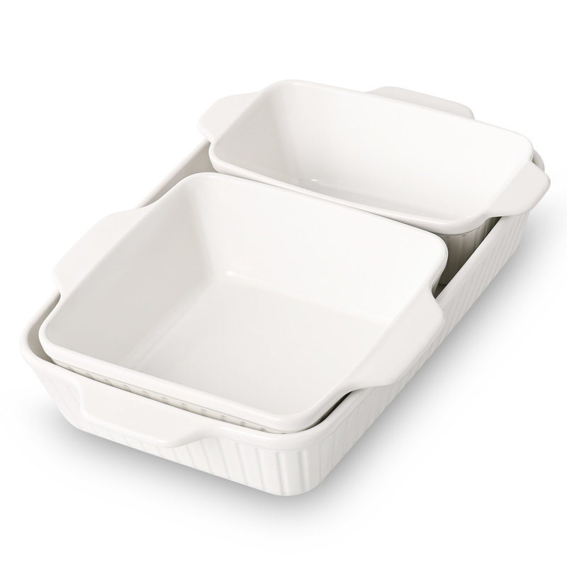 Ceramic Rectangular Baking Dish Set, 3-Piece Bakeware Set (4", 8", 13") With Handles, Professional Fluted Baker For Lasagna And Roasting, White