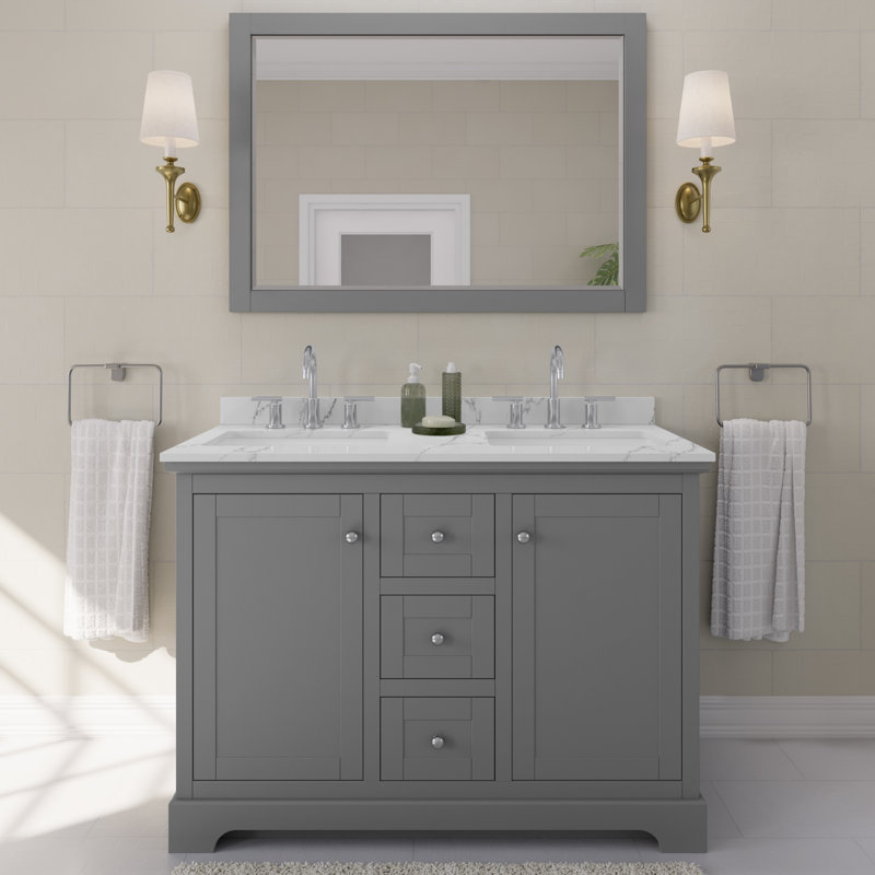 Meuble-lavabo double autoportant 48 po avec plateau en quartz et miroir Avery, Quartz Giotto, Chrome poli, Gris foncé