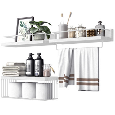 Bathroom Shelves Over Toilet For Wall, Floating Shelves With Storage Basket Paper Holer, Set Of 3, White