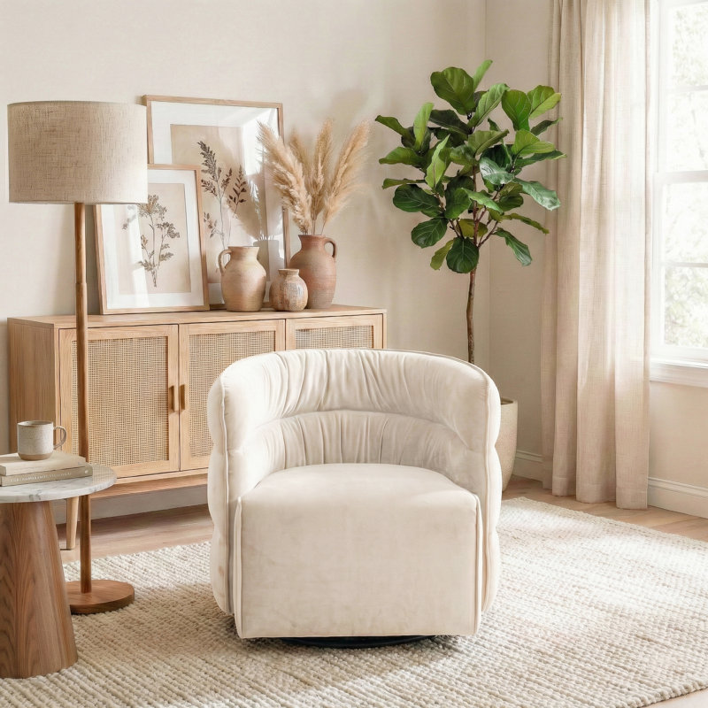 Fauteuil demi-tonneau pivotant en velours Amundsen, Velours crème